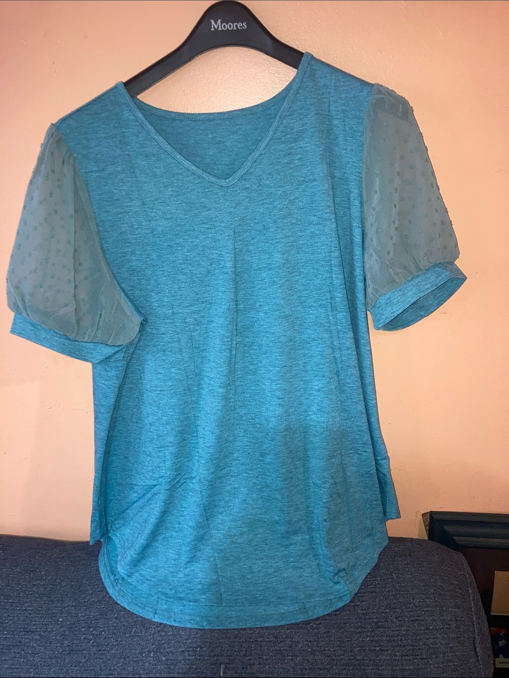 Teal V-Neck Short Sleeve Puff Sleeve Tee